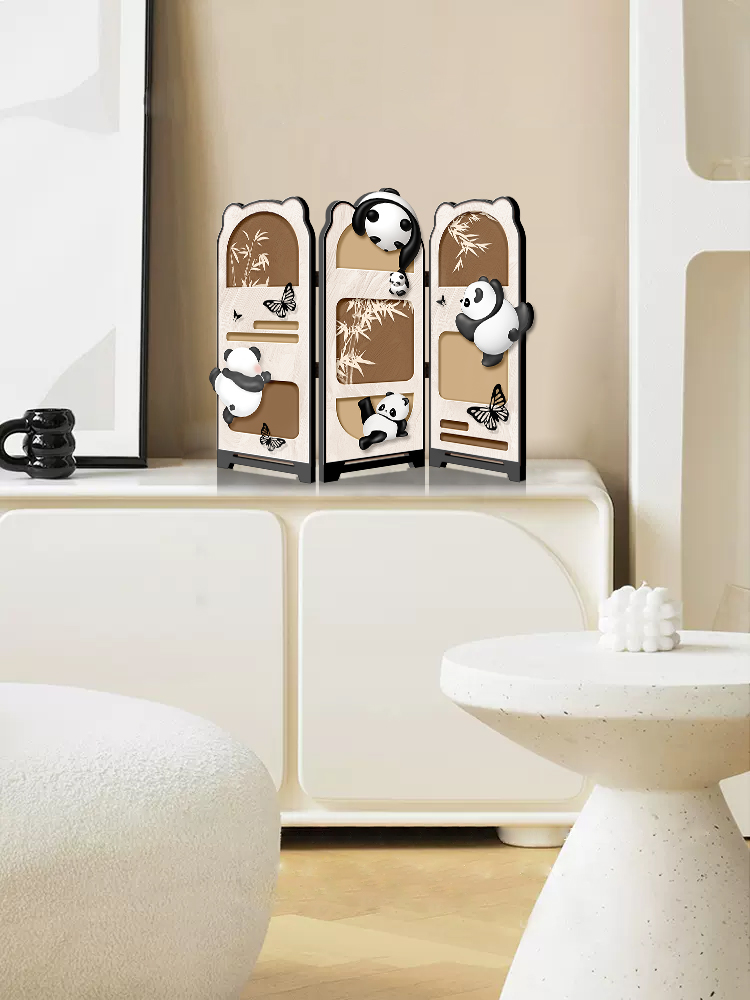 中古风熊猫屏风桌面装饰摆件入户玄关客厅电视柜创意高级感折叠画
