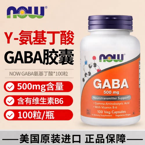 NOW美国GABA伽马氨基丁酸Y含维生素B6500mg*100粒休憩睡眠