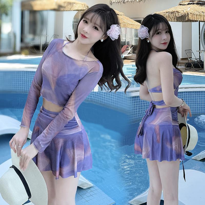 泳衣海边度假三件套保守女分体平角钢托大小胸聚拢韩版温泉泳装新