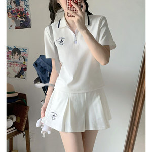 墨秋JK制服千折星百褶安全裤裙短袖T恤收腰POLO衫休闲运动套装女