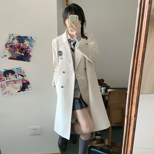 墨秋JK制服双排扣白色大衣中长款 毛呢外套日系学院风校供感大衣女
