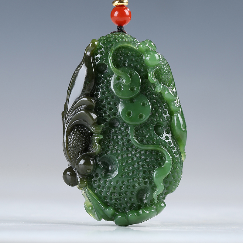 【金玉满堂】俄罗斯老坑碧玉吊坠玉坠金鱼莲花挂件玉佩天然玉石