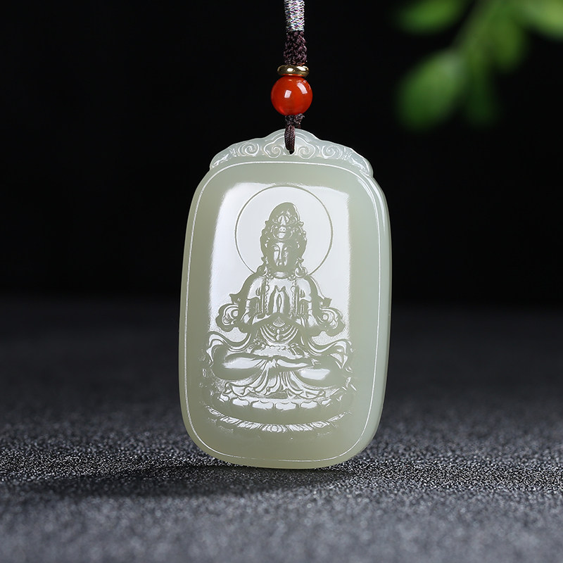 【慈航普渡】新疆和田玉莲花观音吊坠男款玉牌青白玉挂件天然玉石