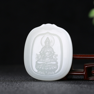 [观音菩萨]天然新疆和田玉白玉观音莲花翠鸟仿古牌子挂件玉石吊坠