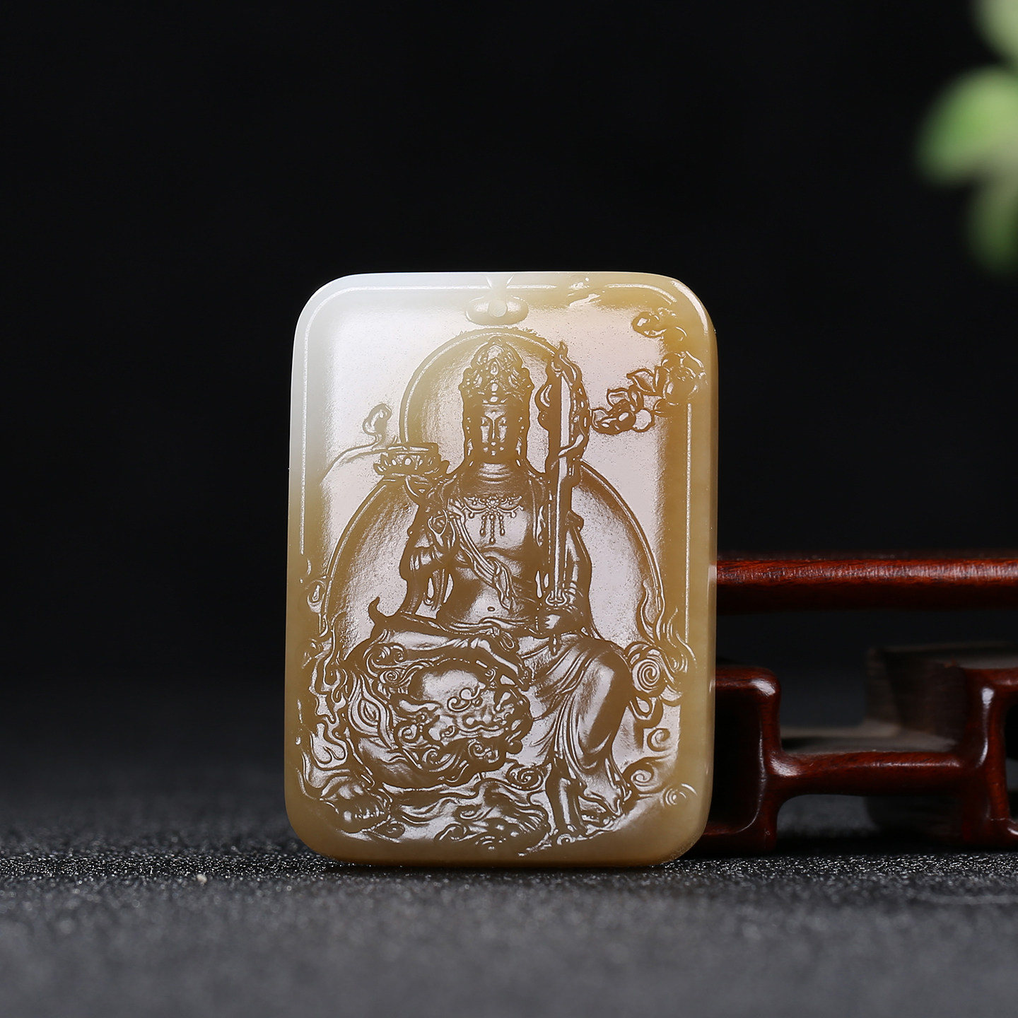 [文殊菩萨]天然新疆和田玉糖玉观音守护神牌子挂件玉石吊坠玉佩