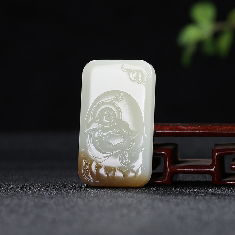 【福从天降】天然新疆和田玉弥勒佛玉石吊坠且末料糖白玉玉佩玉坠