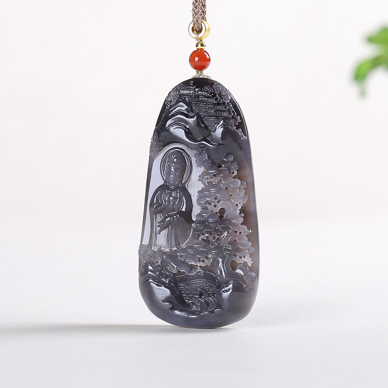 【普渡众生】新疆和田玉观音山水吊坠男款烟青玉烟紫玉佩天然玉石