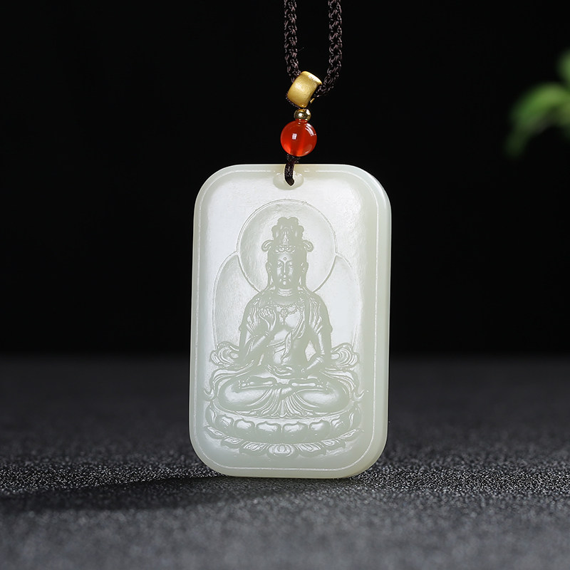 【观音菩萨】天然新疆和田玉莲花观音玉牌玉石吊坠青白玉玉佩玉坠