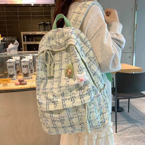 日本进口新款小众初中学生书包条绒男女双肩包大容量旅行背包潮流