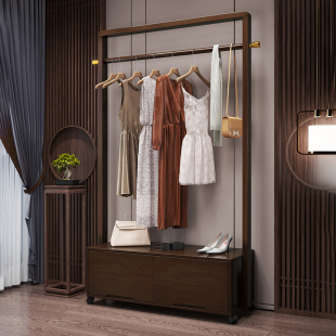 衣帽架全实木落地家用卧室衣架胡桃木色可移动简约新中式储物架子