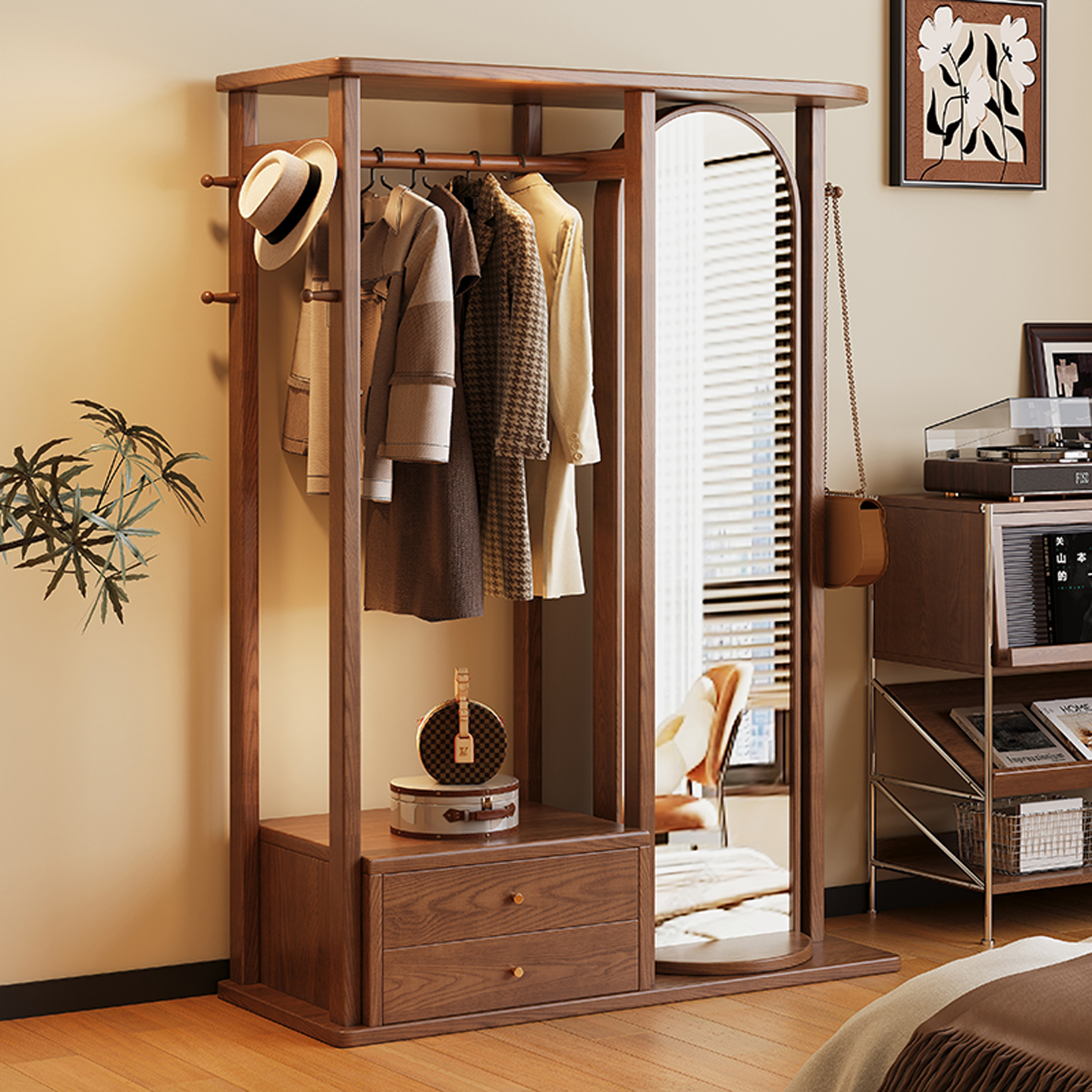 简约实木落地式衣帽架穿衣镜一体