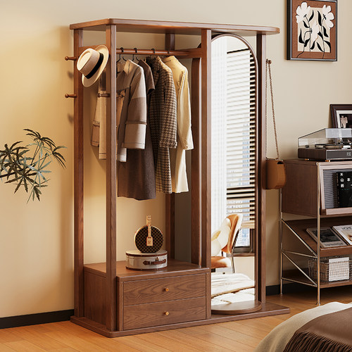 简约实木落地式衣帽架穿衣镜一体