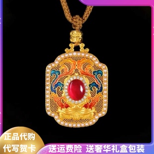 古法黄金色王妃方牌吊坠女仿金镶钻珐琅彩挂坠转运珠项链送女友礼