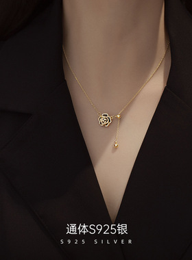 S925银山茶花项链女轻奢镶钻黑色花朵设计感锁骨链法式小香风配饰