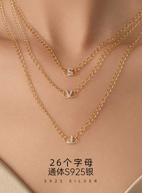 925纯银字母项链女锁骨链小众ins满钻英文吊坠短款颈链新款choker