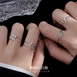 925纯银12星座戒指女欧美跨境简约ins符号双层素圈指环小众高级感