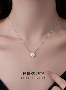 AILJS925银方糖项链女轻奢小众高级设计感小方块锁骨链送女友礼物