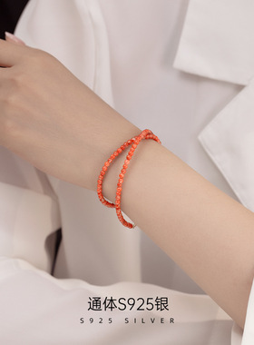 925纯银天然南红手串女新中式小众原创柿子红玛瑙手链本命年手环