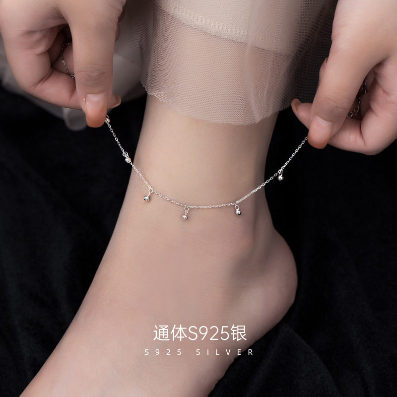 AILJS925纯银光珠脚链女韩版小清新可爱圆珠链简约小球球脚踝链