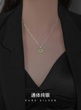 AILJS925银和田玉项链女韩版设计长命锁简约圆珠链条学生银饰品