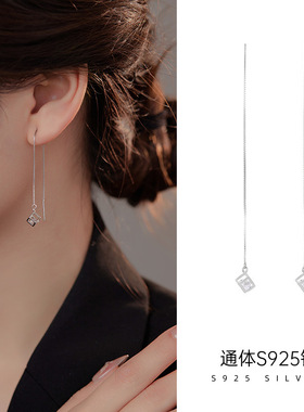 925纯银魔方长款耳线女夏精致百搭方形锆石耳环韩版新款流苏耳饰