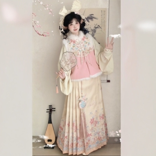原创汉服女【粉蝶】明制加绒加厚比甲琵琶袖马面裙粉色套装冬季款