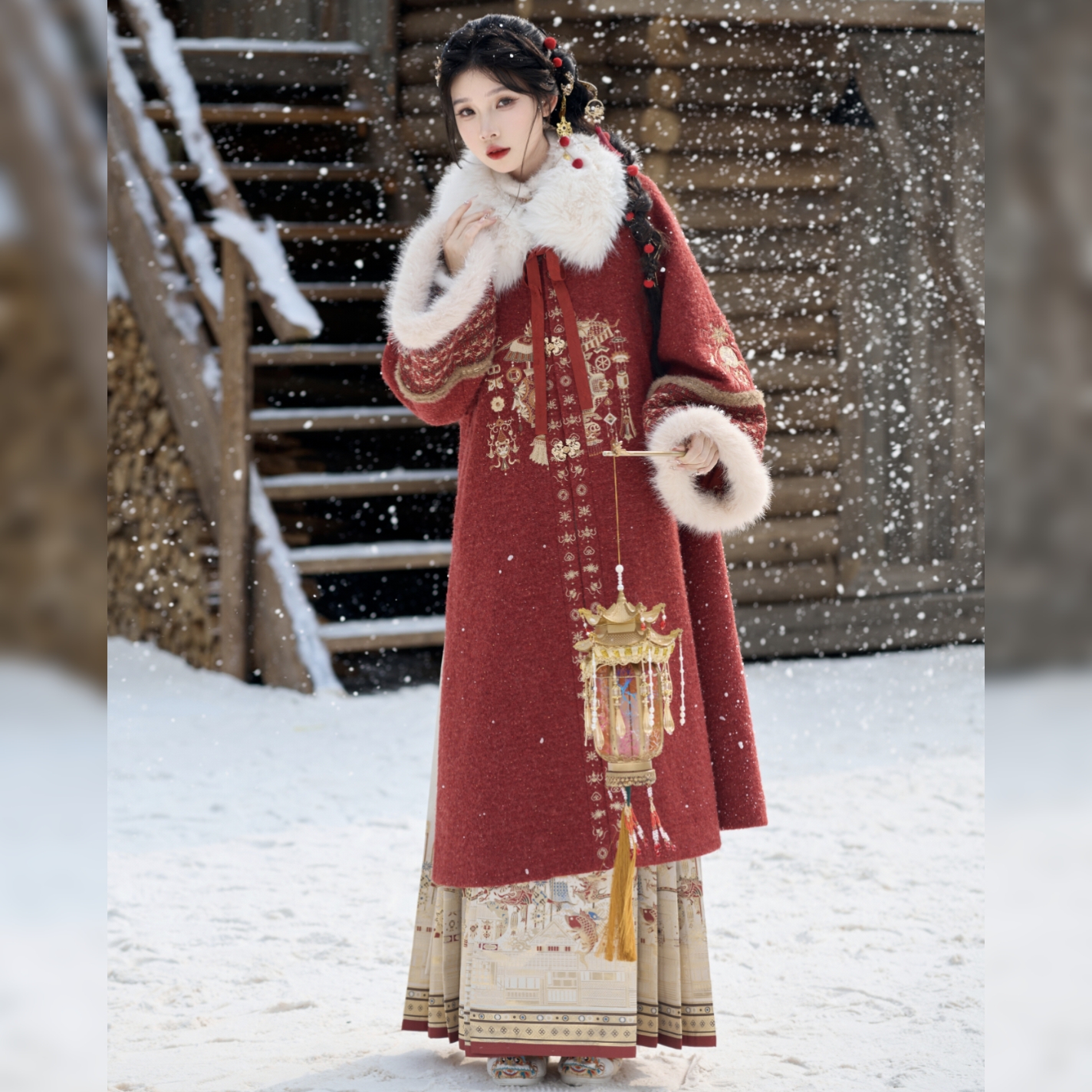 原创汉服女【七月夕-千辉同春】明制对襟长袄红色拜年服套装冬款