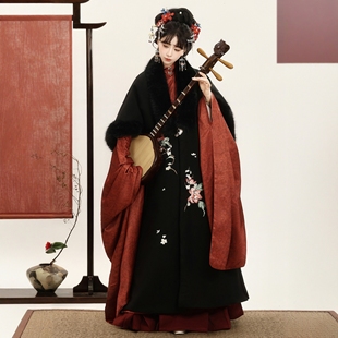 原创汉服女【墨如月】明制加绒加厚裘衣立领长衫马面裙套装冬季款