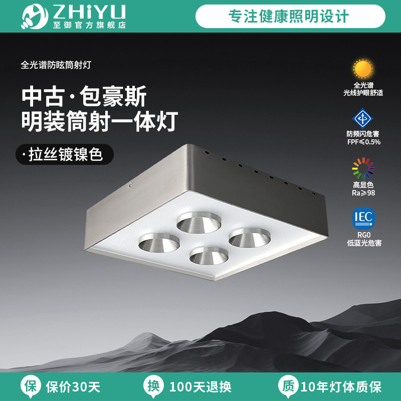至御包豪斯明装斗胆灯筒射一体吸顶灯拉丝镀镍全光谱防眩4头射灯