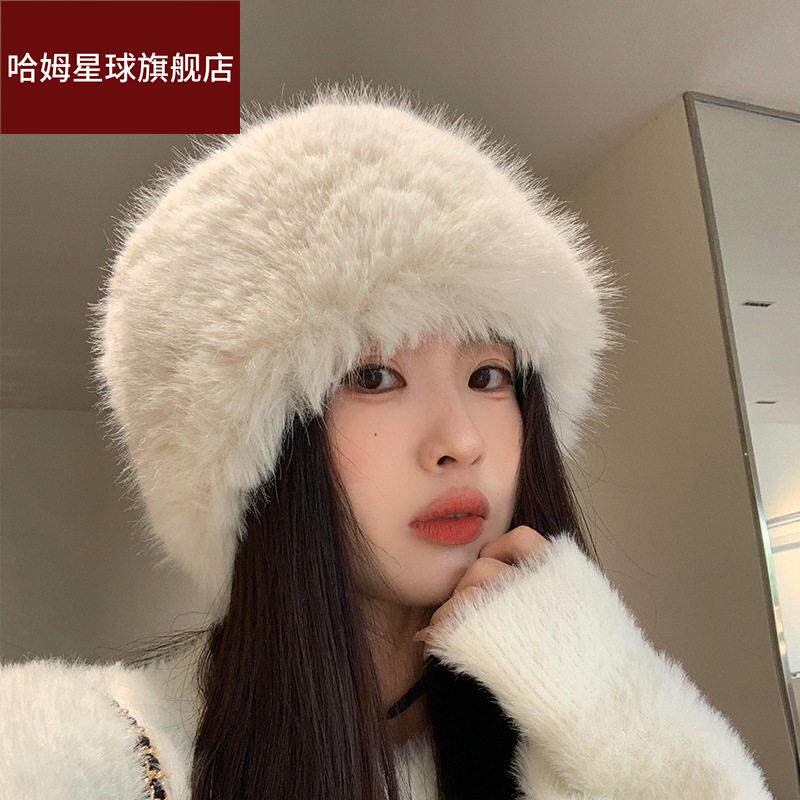 仿皮草毛绒帽子女秋冬季日系大头围加厚保暖防寒护耳渔夫帽显脸小