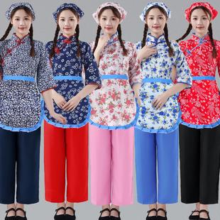 新款采茶女舞蹈表演套装民国客家衣服阿庆嫂农村姑娘碎花演出服装