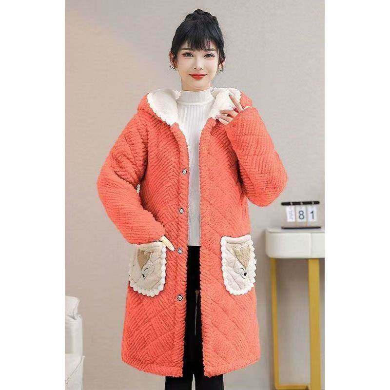 冬季女士新款加厚时尚棉衣外套加绒罩衣中长款保暖三层家居服棉服