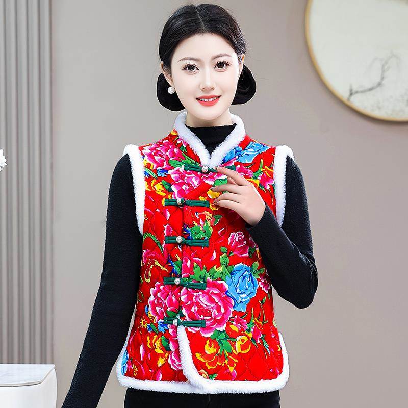 女士大花马甲中国风花棉袄盘扣民族风女装加绒加厚唐装过年坎肩冬