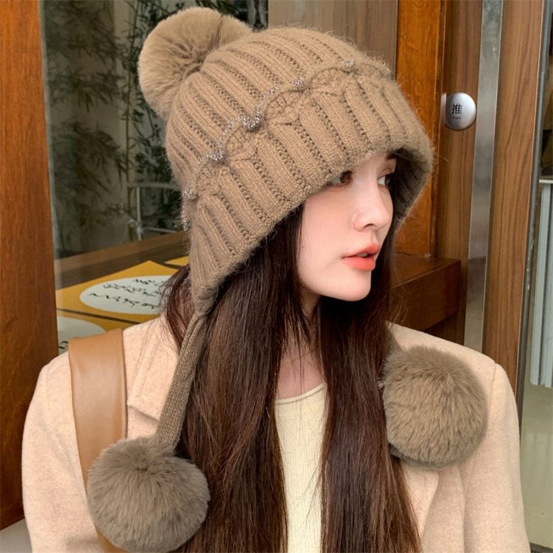 新款护耳双层加绒毛线帽子女兔毛针织秋冬保暖球球雷锋帽韩版冷帽