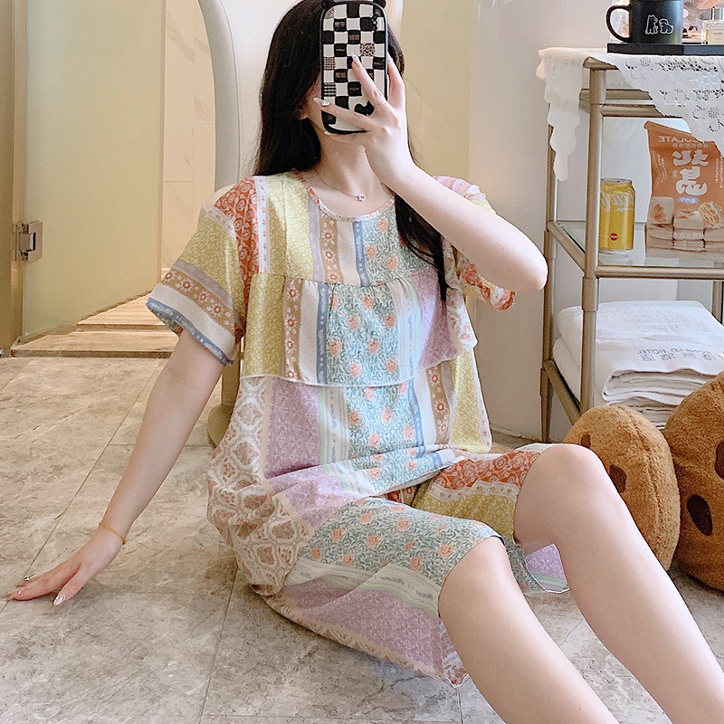 睡衣女人造棉绸夏季短袖中裤套头套装夏天绵绸防透免穿内衣家居服
