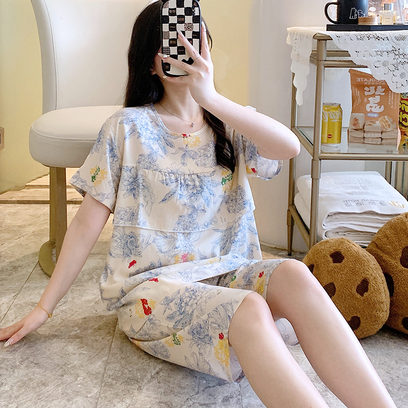 棉绸睡衣女夏季短袖大码薄款绵绸套装防凸点可外穿可爱中裤家居服