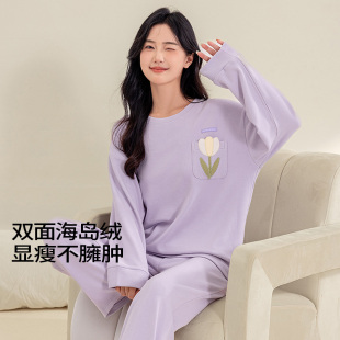 加绒加厚家居服套装 睡衣女带胸垫可外穿秋冬季 海岛绒纯色简约时尚