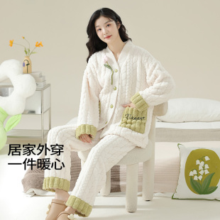 法兰绒加厚加绒珊瑚绒保暖可外穿家居服套装 睡衣女2025新款 秋冬季