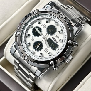 时刻美新款热卖双显电子表多功能钢表带大表盘三时间男士防水手表