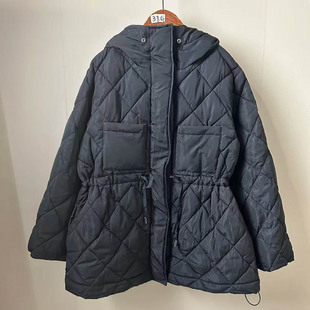 出口日单绗缝可收腰保暖机能面料袖子中长款棉服外套女缺毛领防水