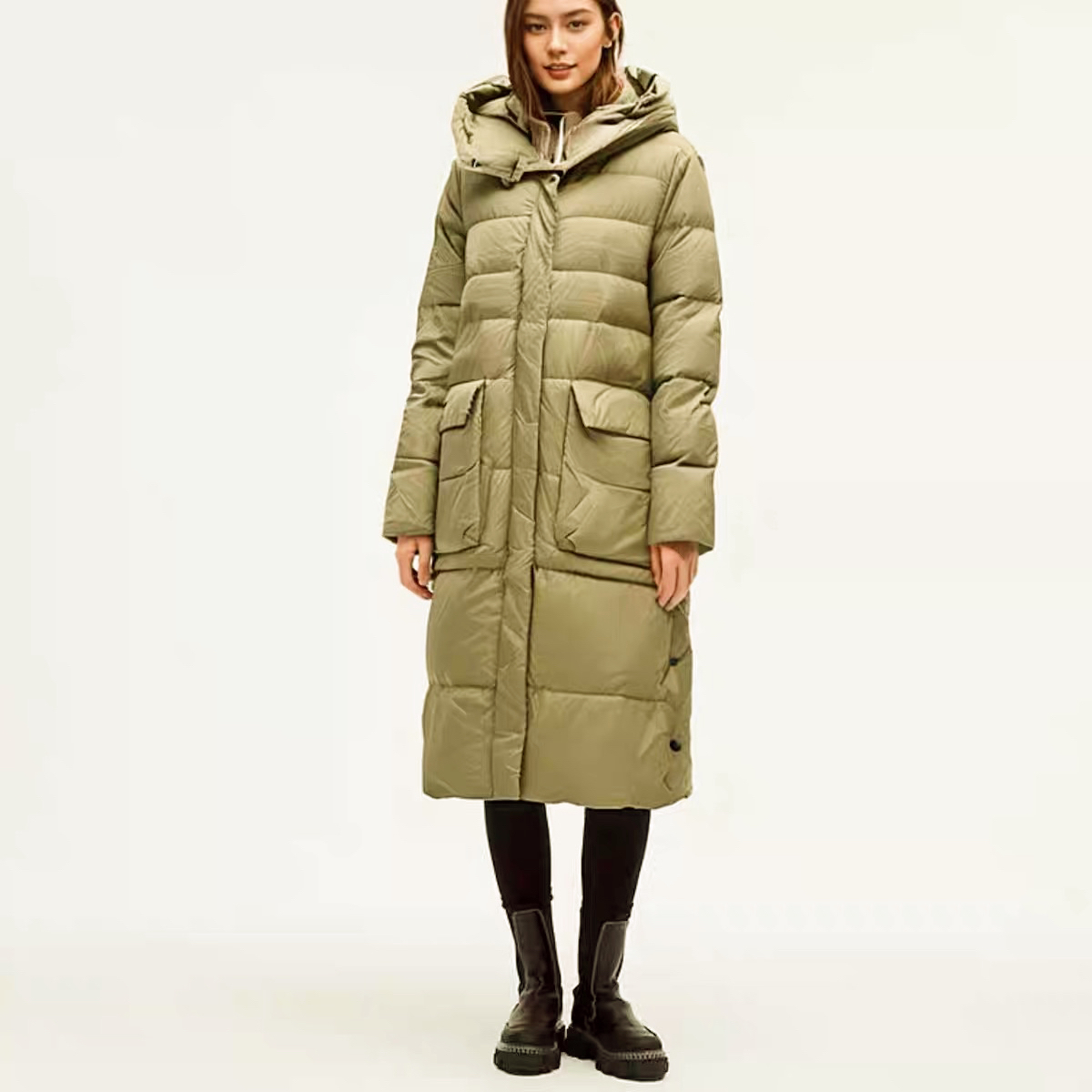 泡芙款白鸭绒9格中长款面包服保暖通勤百搭连帽羽绒服