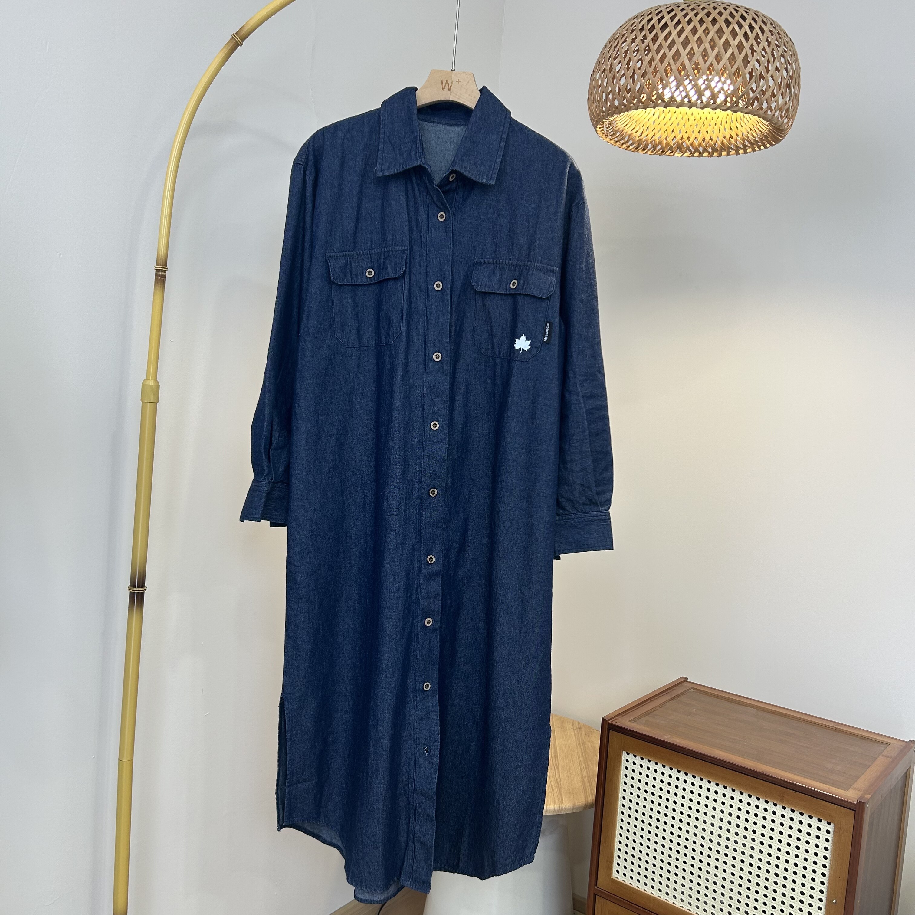 日单贵牌高端复古牛仔连衣裙女经典长袖Polo领中长款衬衫长裙