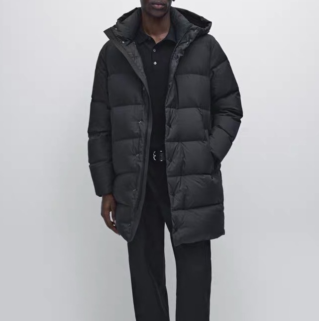 MD男装新款防水保暖黑色中长款连帽绗缝羽绒服外套03123411800