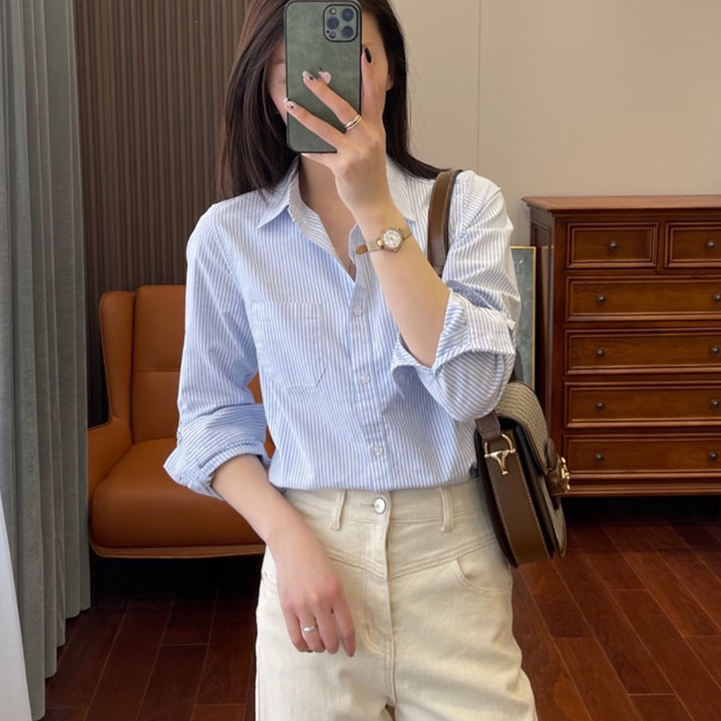【100%棉】春秋季纯棉女士衬衫衬衣条纹纯色口袋牛津布显瘦打底衫