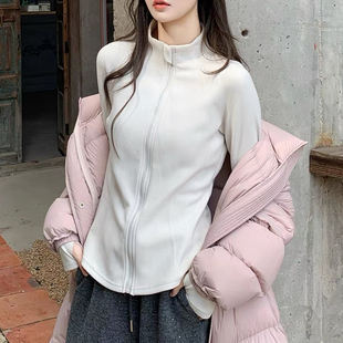 lu家同款羊绒蛋白自带腰身修身短款外套小立领绒感打底衫