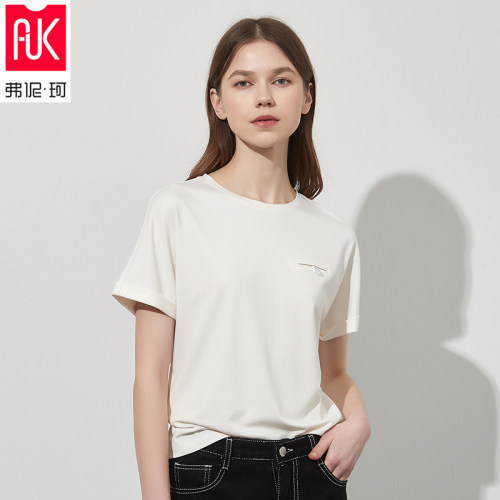 【自制】高端货光泽感纯色女士宽松短袖口袋纽扣春秋圆领打底T恤
