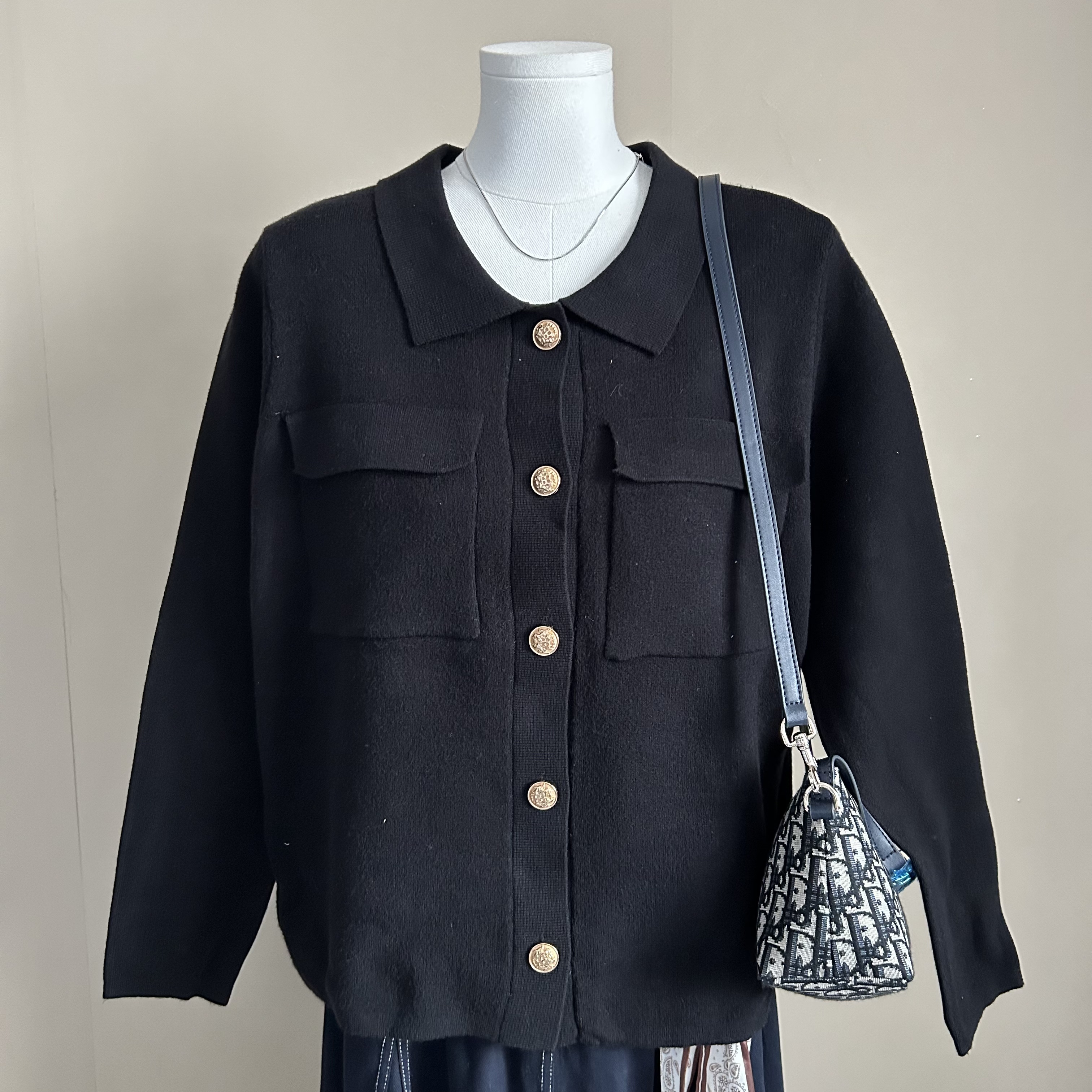 EL法式小众翻领衬衫口袋纽扣针织衫外套毛衣开衫女上衣