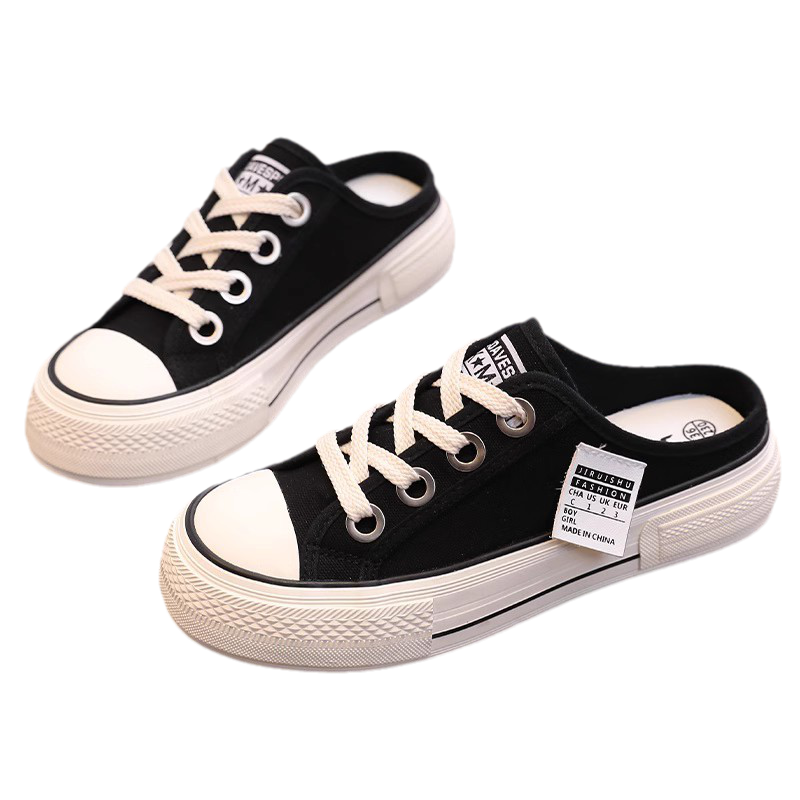 黑色帆布鞋女透气女鞋时尚懒人拖防滑鞋子女款小白鞋一脚蹬半拖鞋