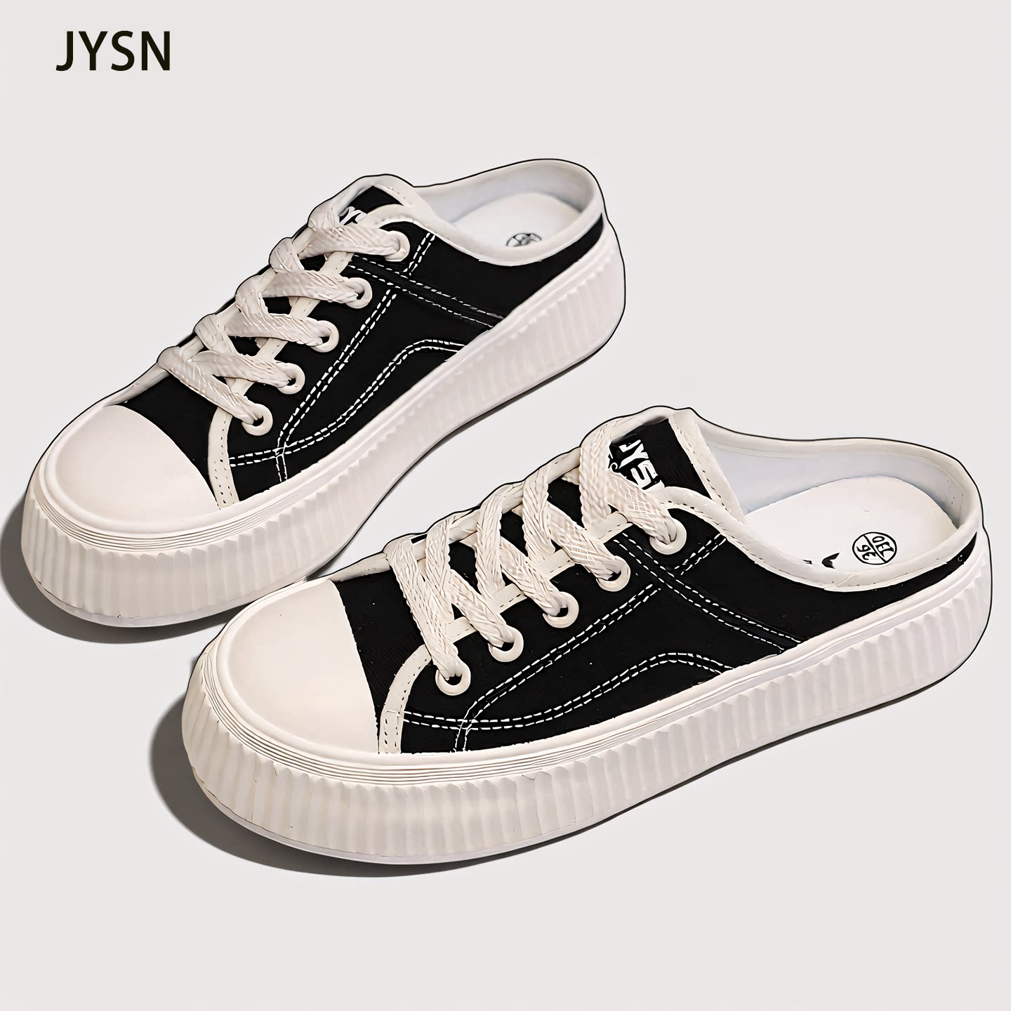 简约风半拖鞋黑色包头拖女厚底帆布鞋女款懒人鞋百搭一脚蹬松糕鞋