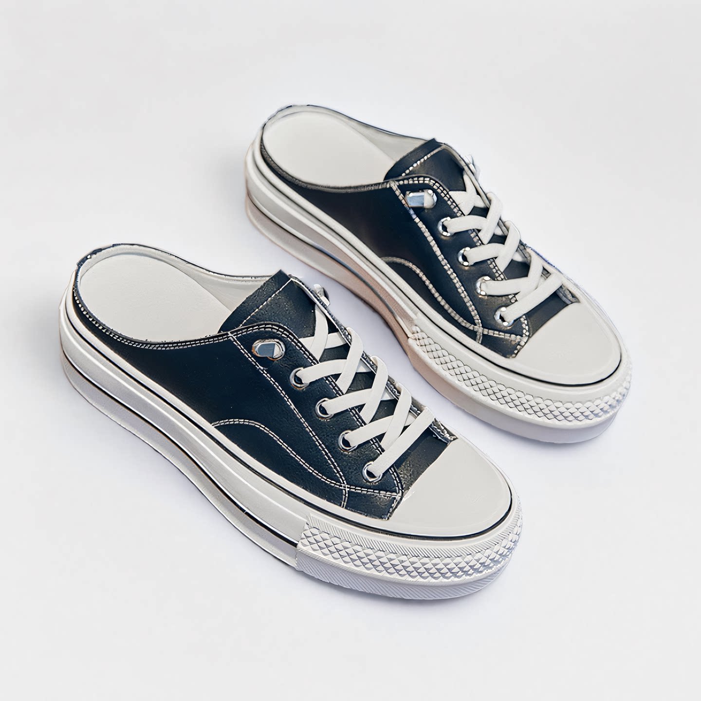 厚底包头半拖鞋女百搭系带女款懒人鞋真皮小白鞋防滑一脚蹬松糕鞋